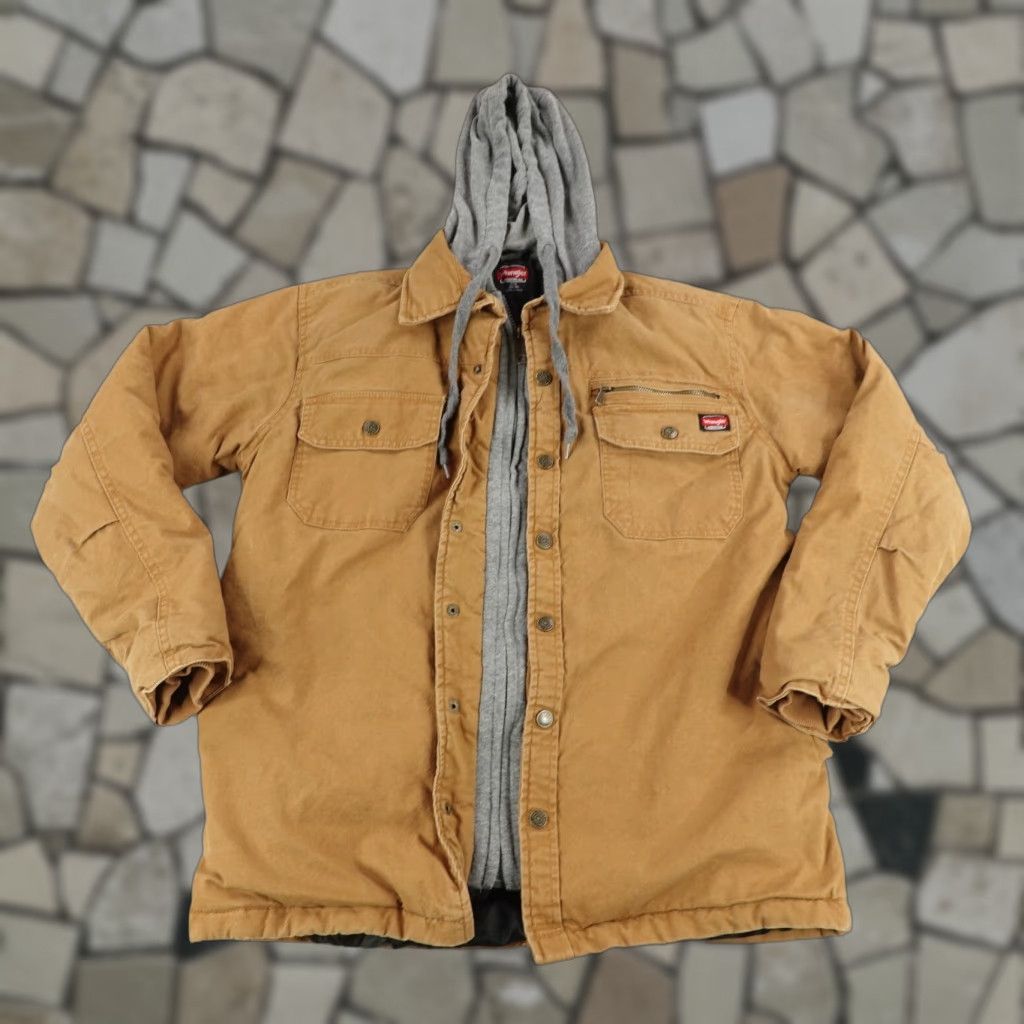Wrangler Jacket Mens Small Brown Diamond Quilt Lined Chore Barn Work Coat Hoodie