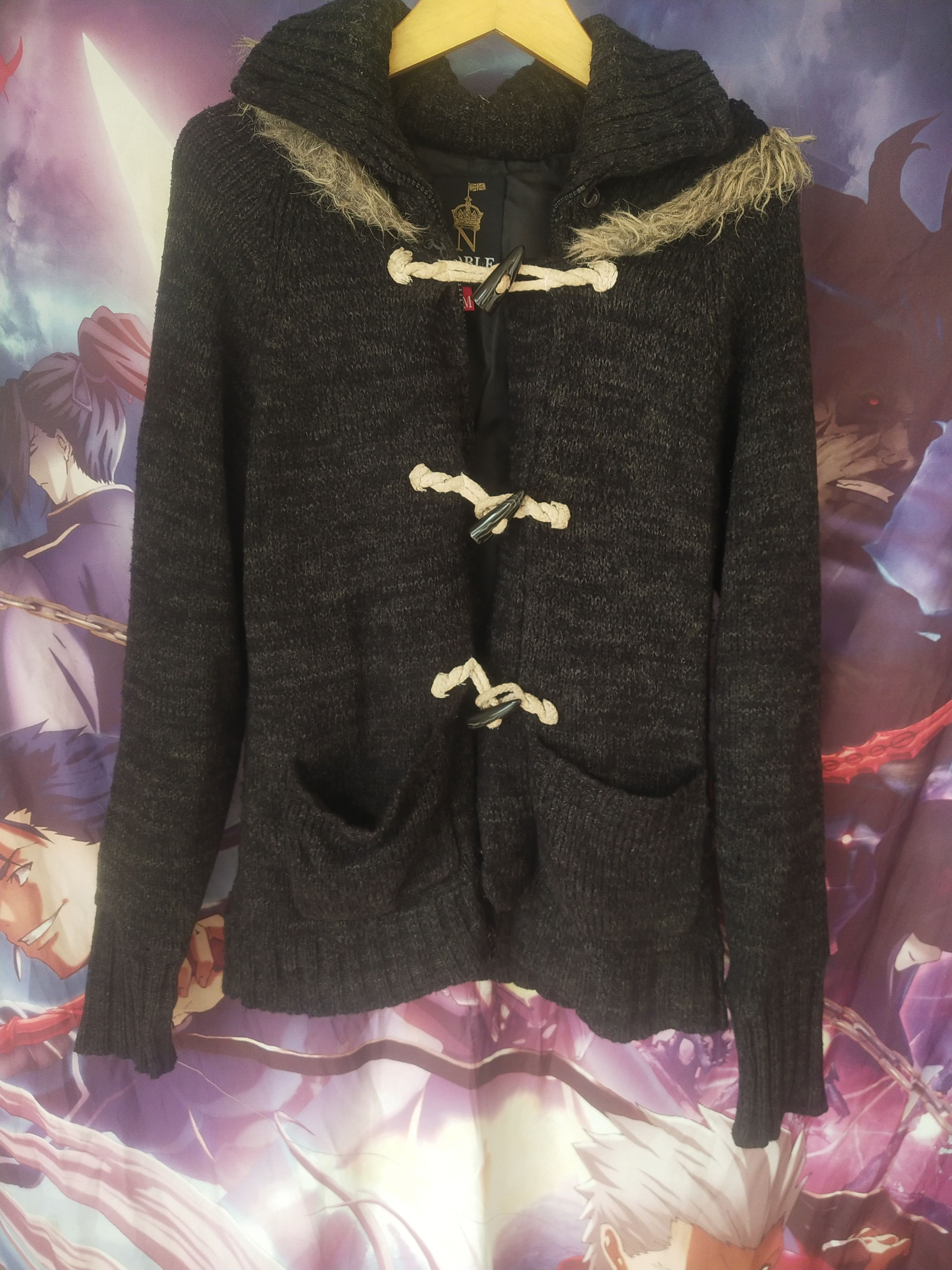 Le Grande Bleu (L.G.B.) 2000s Noble Product Faux Fur Hooded Knit Duffle Cardigan Size M / US 6-8 / IT 42-44 - 2 Thumbnail