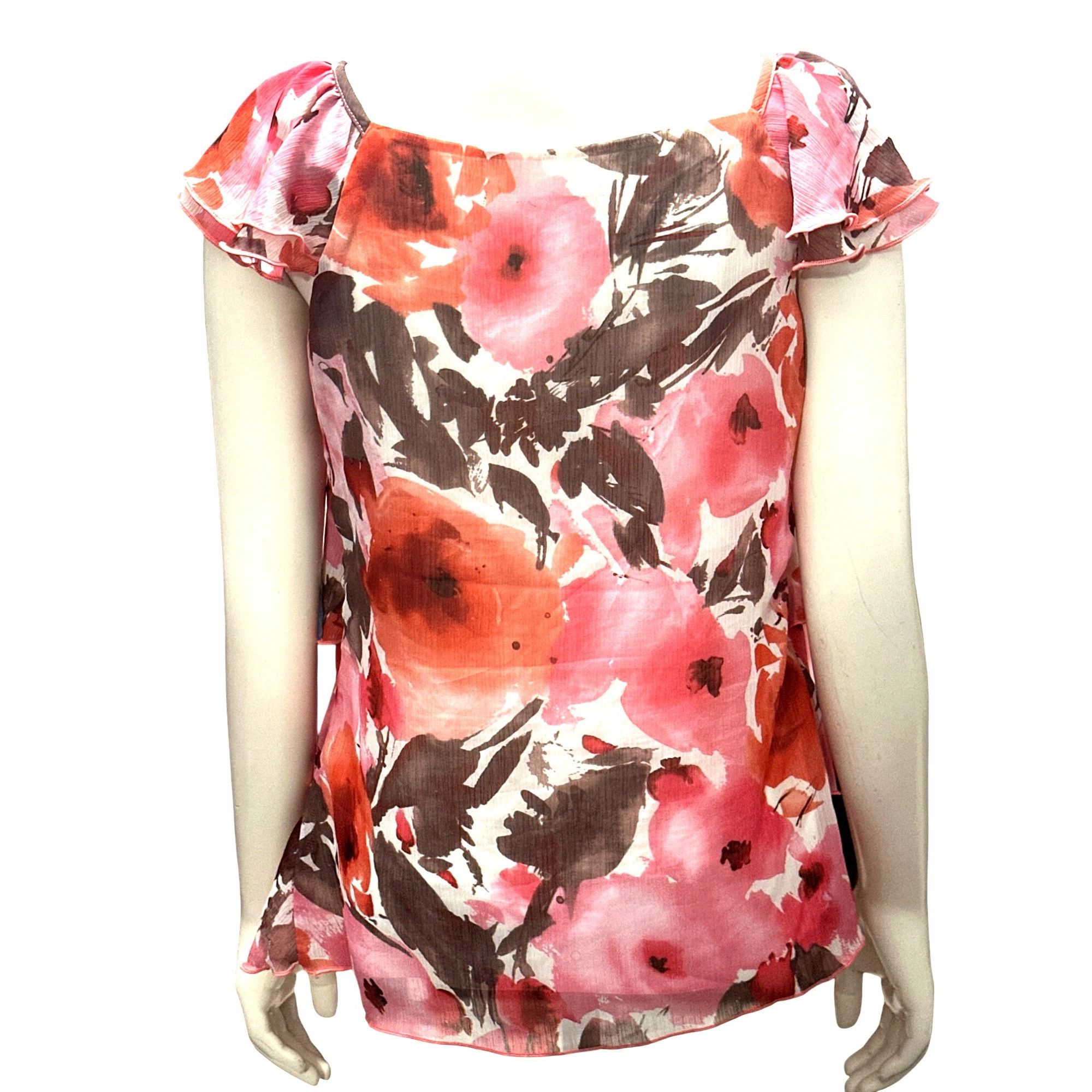 Other AGB Small East Hamptons Ruffle Blouse Pink Coral Floral Laye Size S / US 4 / IT 40 - 6 Thumbnail