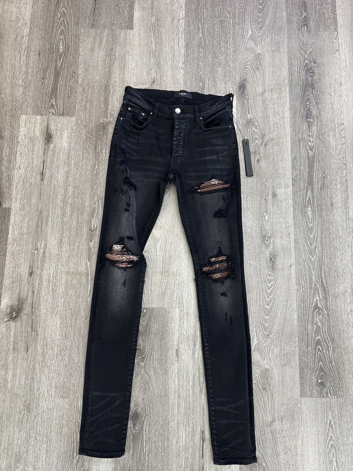 Amiri Amiri “Paisley Patch” Distressed Skinny Jeans (Black/Orange) Size US 30 / EU 46 - 1 Thumbnail