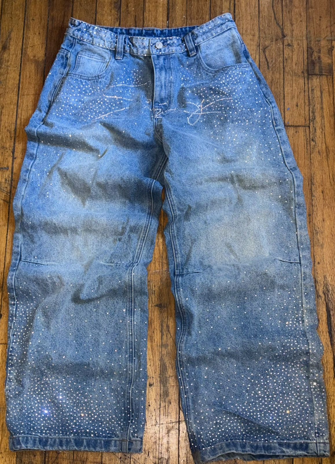 Japanese Brand Baggy Rhinestone Denim Size US 32 / EU 48 - 1 Thumbnail