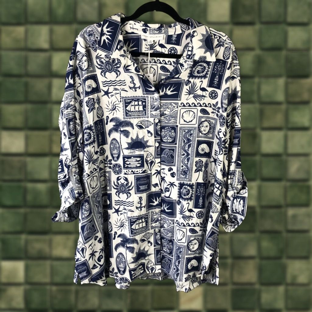 Vintage JANE + DELANCEY Shirt Womens 2X Blue Nautical Print Linen Blend Tunic Beachy Size XXL / US 16-18 / IT 52-54 - 1 Thumbnail