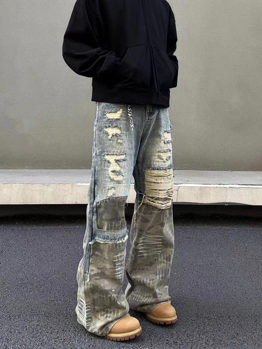 Camo Patchwork Distressed Baggy Jeans