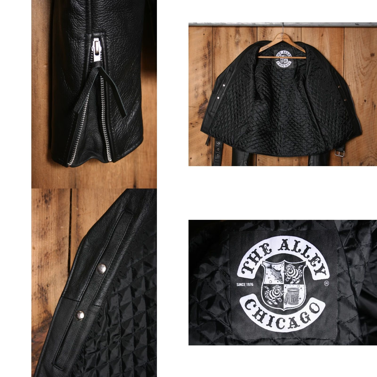Vintage THE ALLEY CHICAGO Black Leather Motorcycle Biker Jacket Men's Sz. S (Fits S/M) Jacket Mens Leather Biker Zip Belted Quilt Lined Lightly Insulated Size US S / EU 44-46 / 1 - 8 Thumbnail