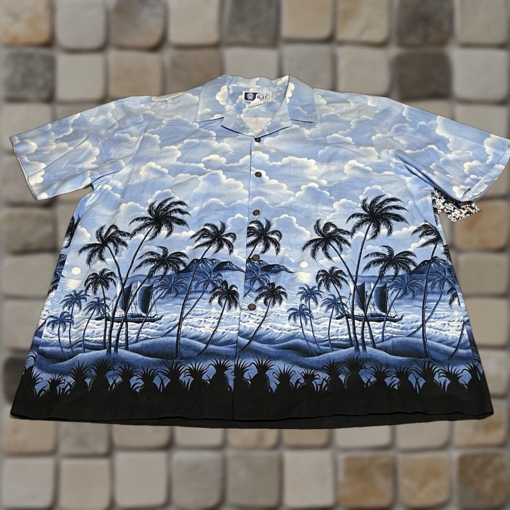 Vintage RJC Hawaiian Shirt Short Sleeve Button-Up XL Blue Palm Trees NWT Beach Floral Cotton Men Button Front Casual Size US XL / EU 56 / 4 - 1 Thumbnail
