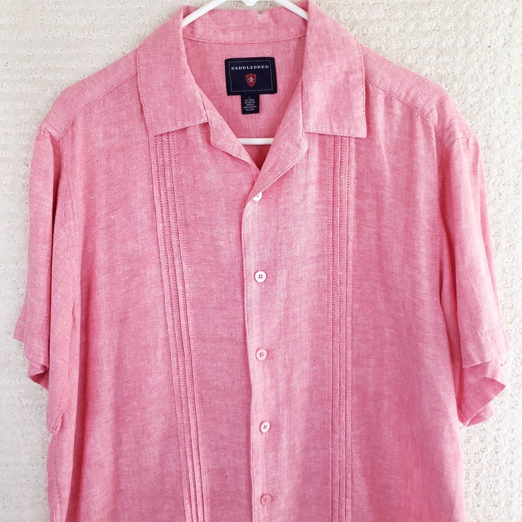 Pinko Saddlebred Shirt Mens L Button Front Classic Fit Linen Cotton Pink Short Sleeve Size US L / EU 52-54 / 3 - 2 Thumbnail
