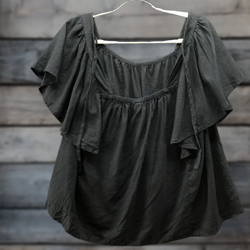 Old Navy Old Navy Blouse Womens L Black Linen Blend Flutter Sleeve Tie Back Square Neck Size L / US 10 / IT 46 - 1 Thumbnail