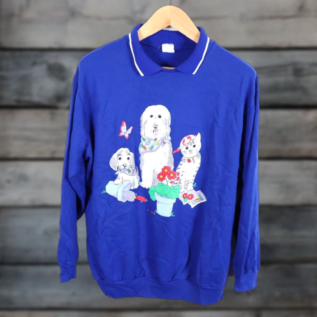 Vintage VINTAGE 80s Dogs Cats Flower Sweatshirt Women's Large Blue Collared Acrylic Grandma VTG Size L / US 10 / IT 46 - 1 Thumbnail