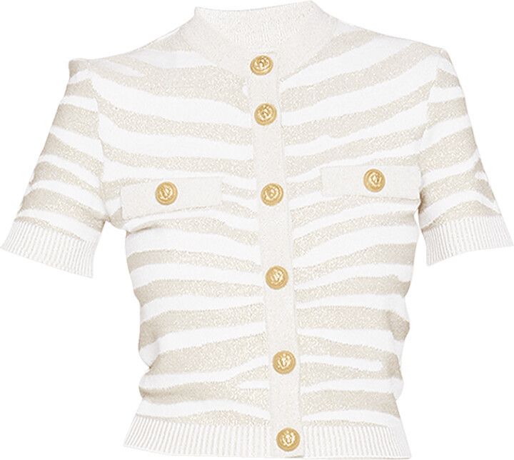 image of Balmain O1Srvl11E0524 Zebra Knit Short Cardigan In White/ Brown in White/Brown, Women's (Size XL)