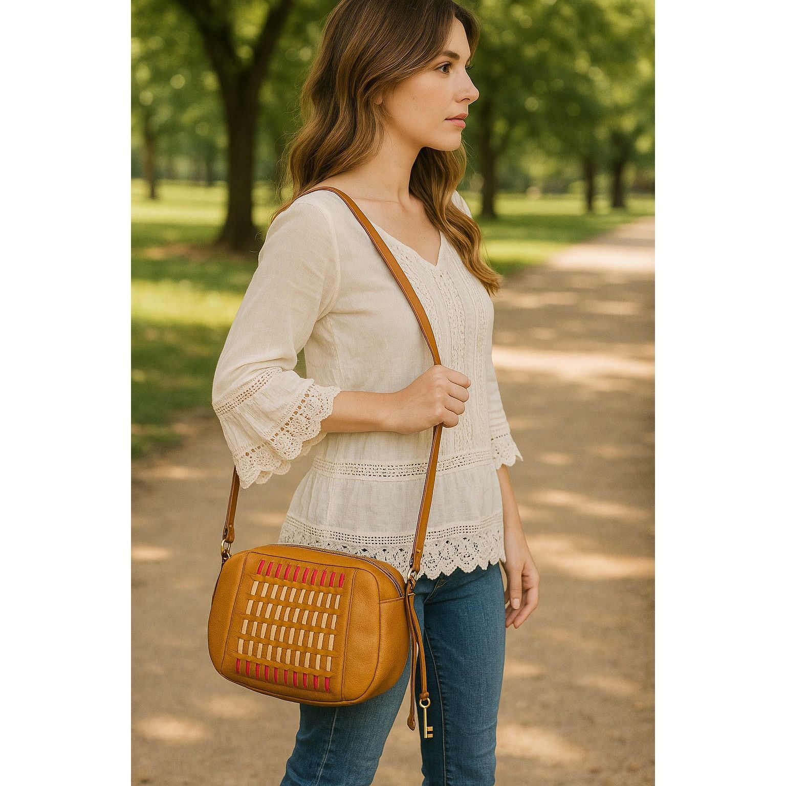 Fossil Retro Woven Leather Crossbody Fossil Tan Multicolor Size ONE SIZE - 1 Thumbnail