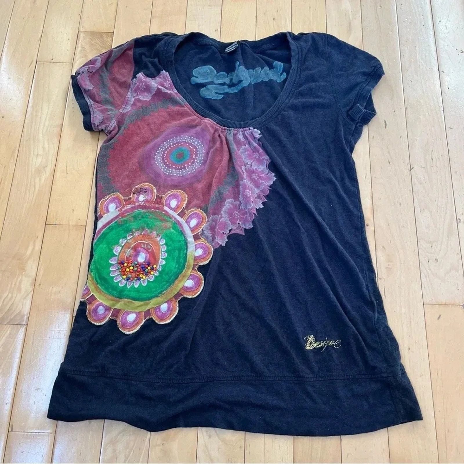 Desigual Desigual Beaded Short Sleeve Top Sz S Multicolored Boho Y2K Size S / US 4 / IT 40 - 1 Thumbnail