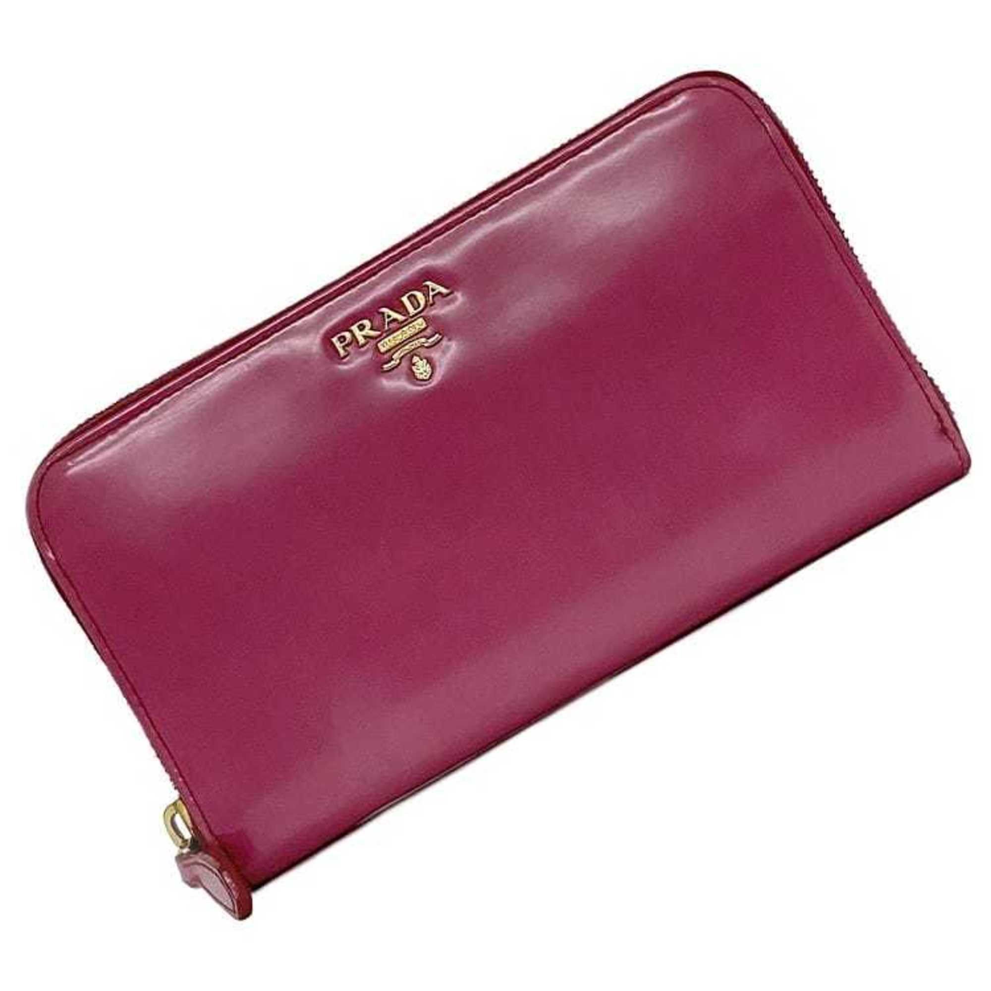 image of Prada Round Long Wallet Pink 1M0506 Ec-19896 Leather Gold Ladies, Women's