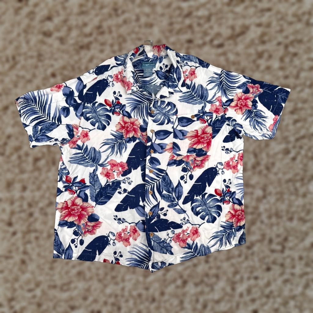Vintage Tropicool Shirt Adult 3XL White Blue Floral 100% Rayon Hawaiian Button Up Mens Size US XXL / EU 58 / 5 - 1 Thumbnail