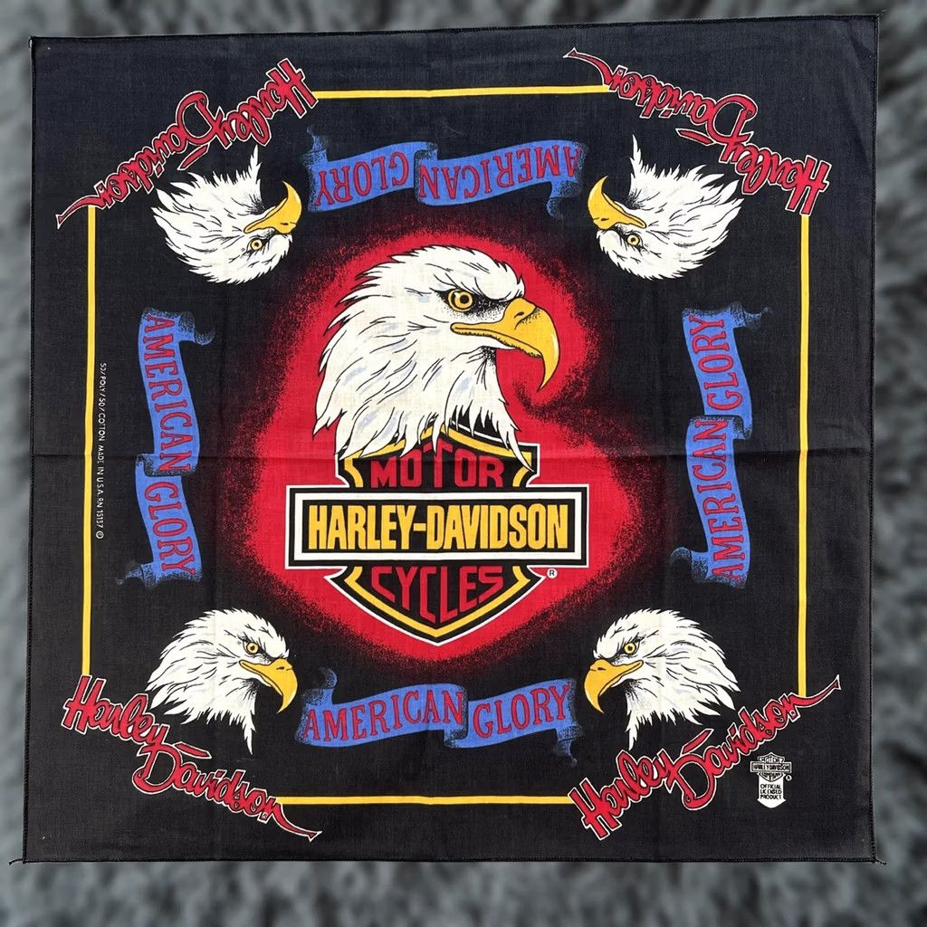 Harley Davidson VINTAGE Harley-Davidson Bandana Black American Glory Eagle Bar Shield Made USA 90s Bandana Men One Size White/Black (21" x 21") Size ONE SIZE - 1 Thumbnail