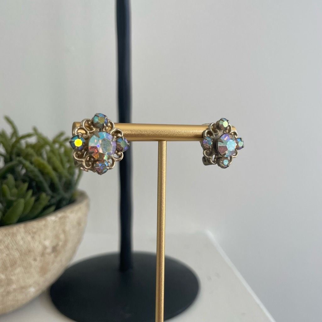 Vintage Vintage Rainbow Iridescent Rhinestone Button Clip Earrings Size ONE SIZE - 2 Thumbnail