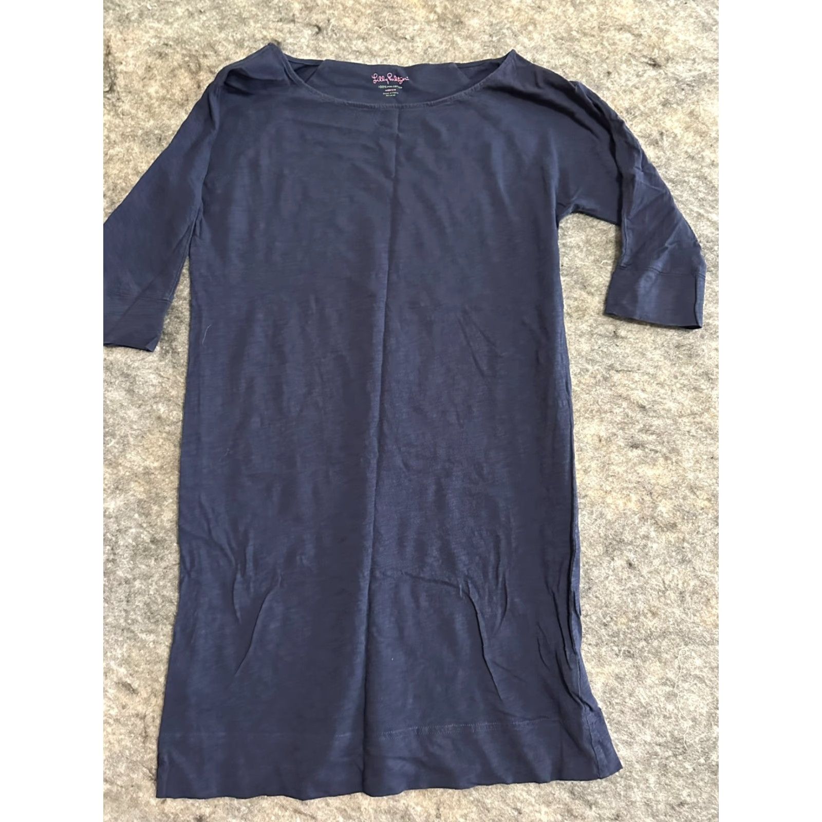 Lilly Pulitzer Lilly Pulitzer Cassie Pima Cotton T-Shirt Dress 3/4 Sleeve Boat Neck Short Length Solid Logo Blue S Regular Women Size S / US 4 / IT 40 - 2 Thumbnail