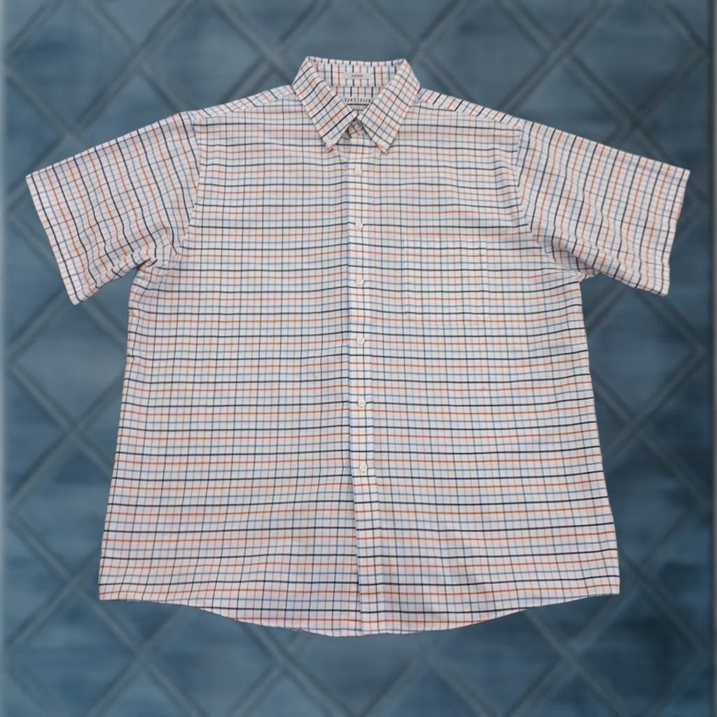 Van Heusen Oxford Shirt Mens 17.5 Orange Blue Plaid Short Sleeve Button Down, Men's (Size Xxl)