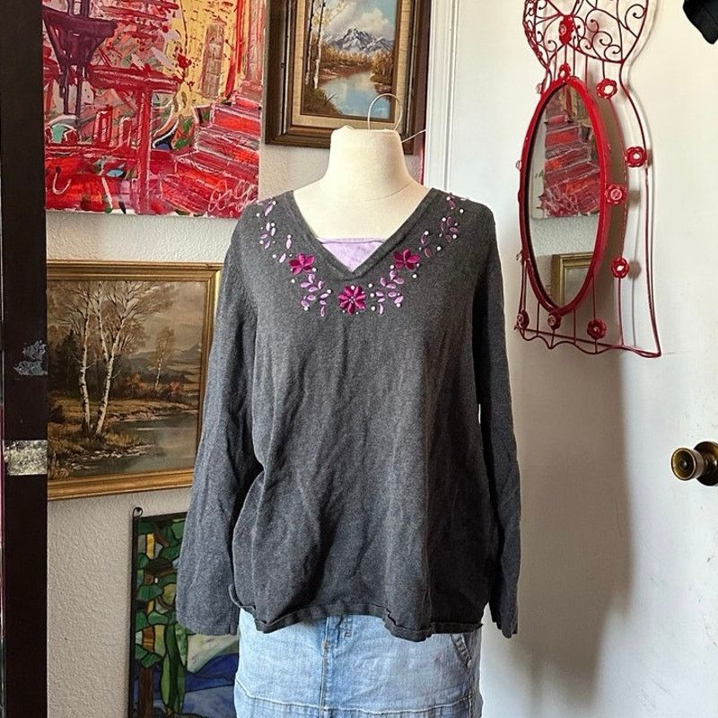 Basic Editions basic editions purple ay floral embroidered long sleeve top Size XL / US 12-14 / IT 48-50 - 1 Thumbnail