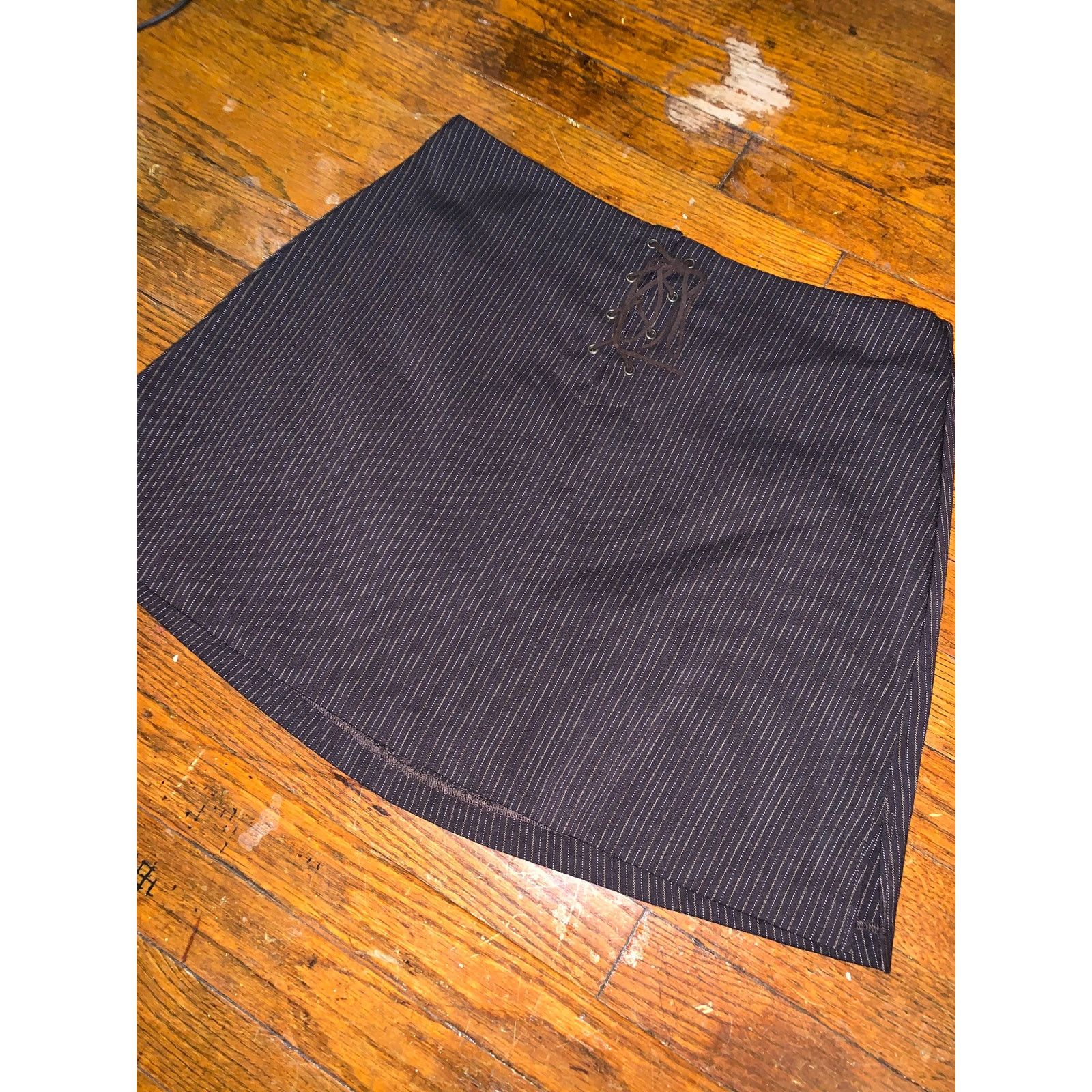 Other × Vintage Exact Change Brown Pinstripe Mini Skirt Size 13 Lace Up Size XL / US 12-14 / IT 48-50 - 2 Thumbnail