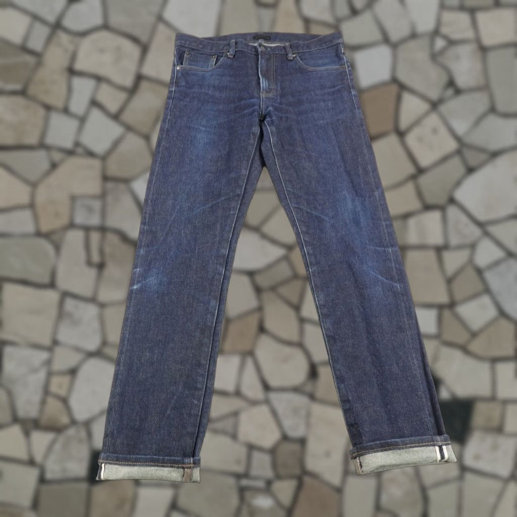 Uniqlo Jeans Men 32x32 Blue Slim Straight Denim Mid Rise Regular Inseam 31in 32x32 Button Zip Pockets Logo Distressed Style: Straight Slim