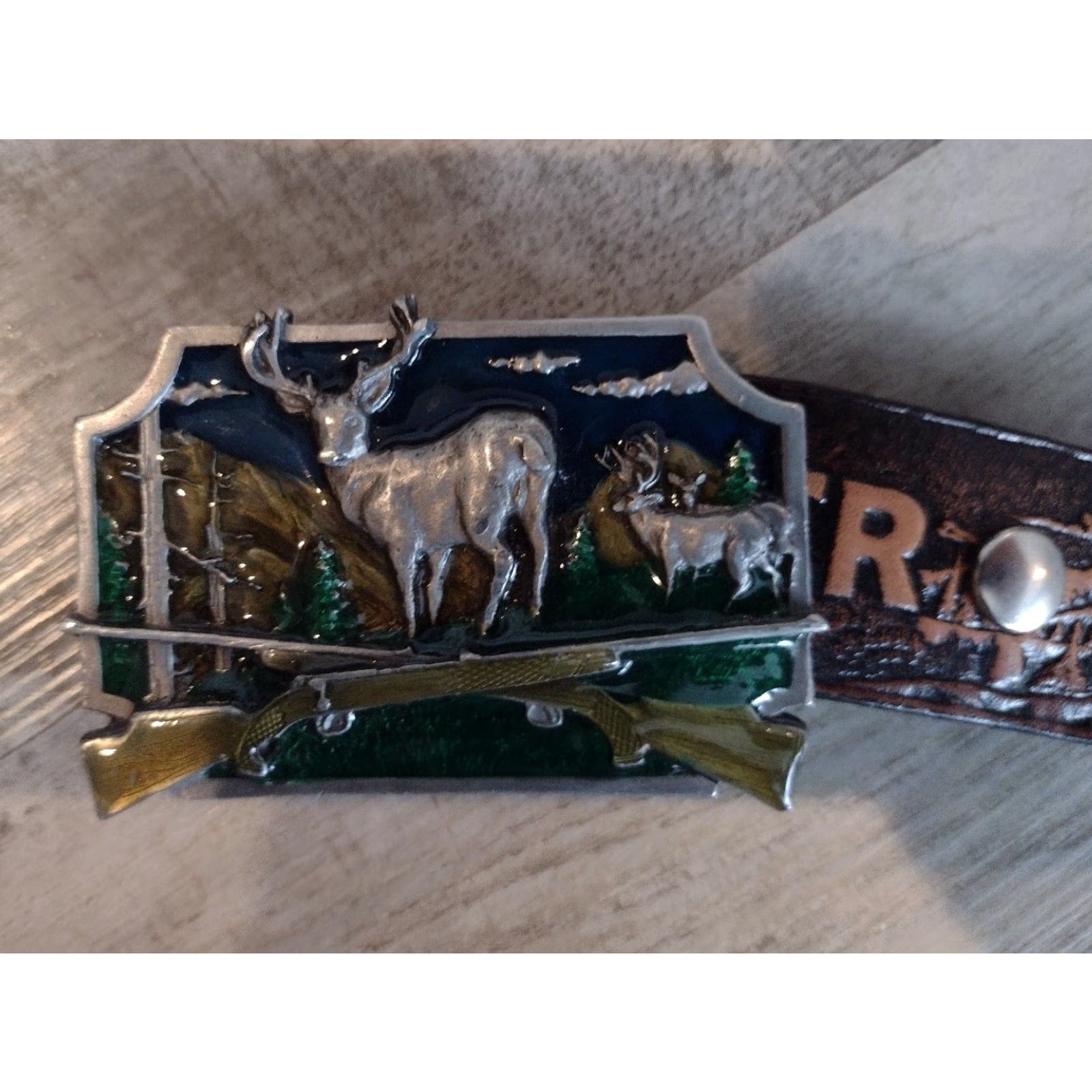 Hunter VINTAGE Siskiyou Leather Belt with S-10 Buckle 1980s Brown Deer Hunter Cowboy Western Mens Size ONE SIZE - 3 Thumbnail