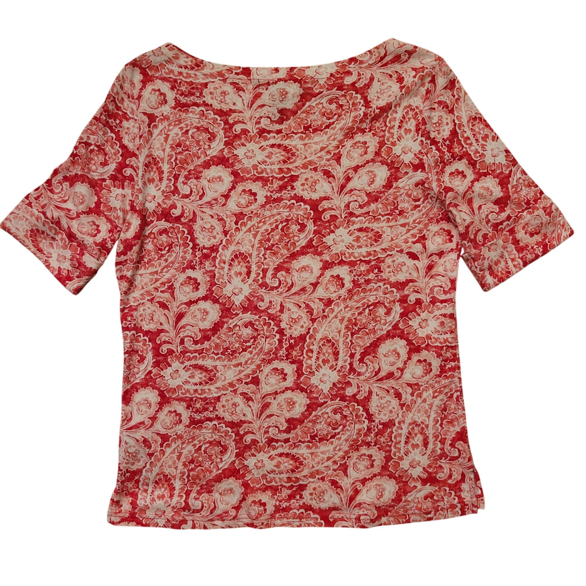 Lauren Ralph Lauren Ralph Lauren Red White Paisley Stretch Top L Cotton Boat Nec Size L / US 10 / IT 46 - 6 Thumbnail