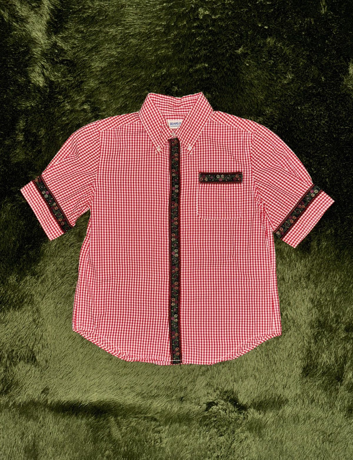 Beams Japan BEAMS BOY Floral Jacquard Check Half Shirt Red Size S / US 4 / IT 40 - 1 Thumbnail