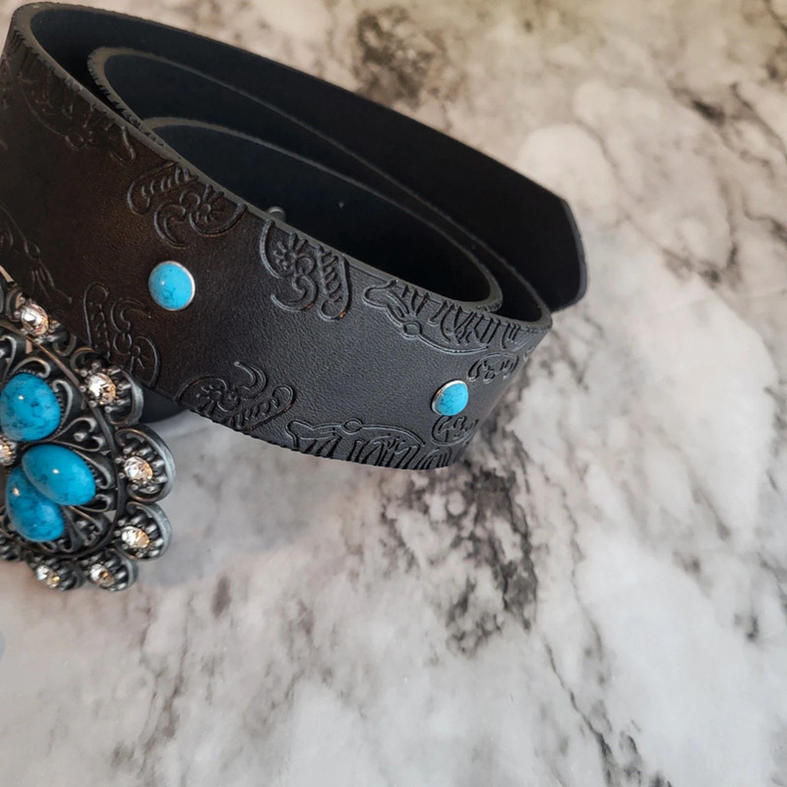 Other Black and Blue Floral Buckle Vegan Leather Belt 44 inches Size ONE SIZE - 9 Thumbnail