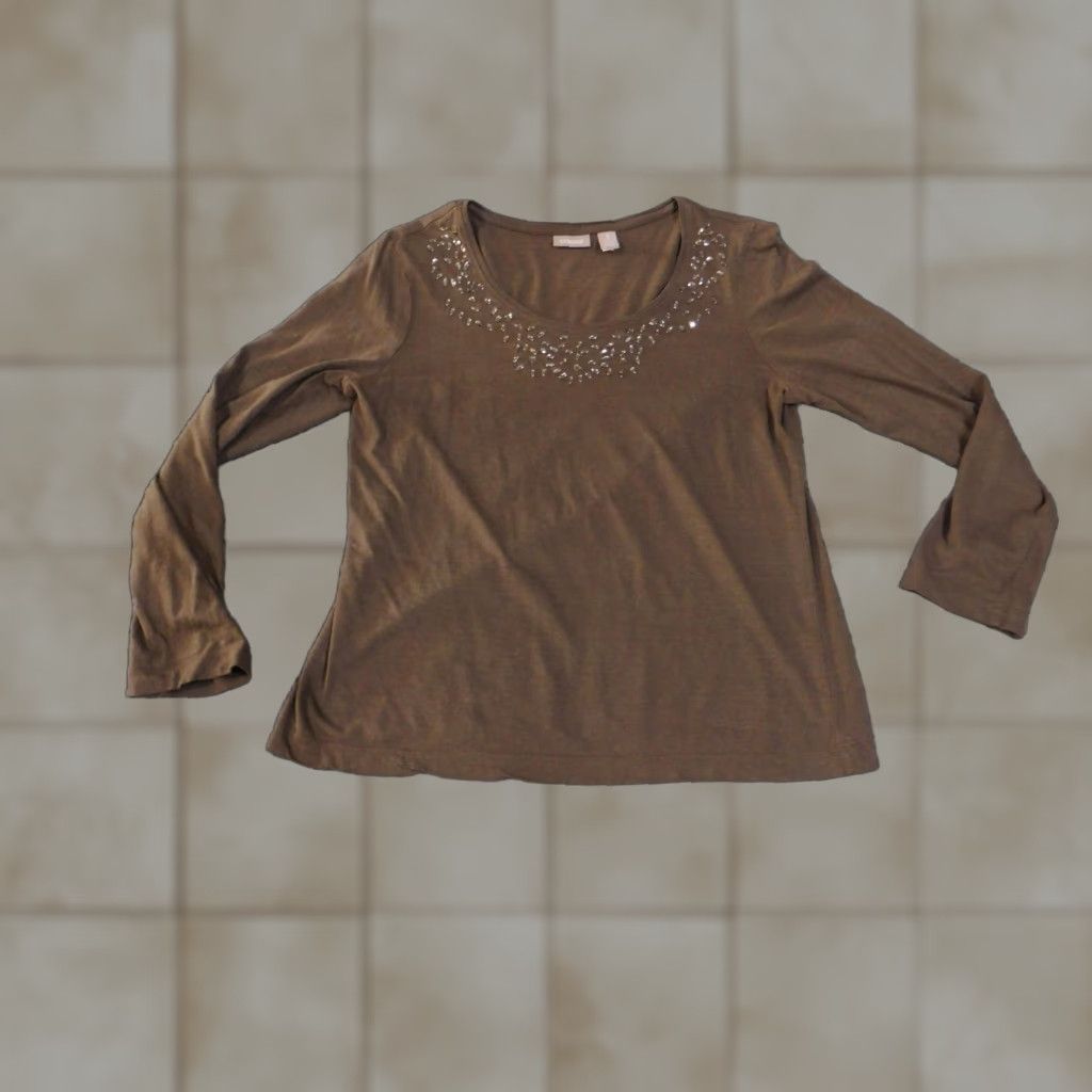 Vintage Chico's Shirt Womens Medium Brown Embellished Scoop Neck Long Sleeve Casual Size M / US 6-8 / IT 42-44 - 1 Thumbnail