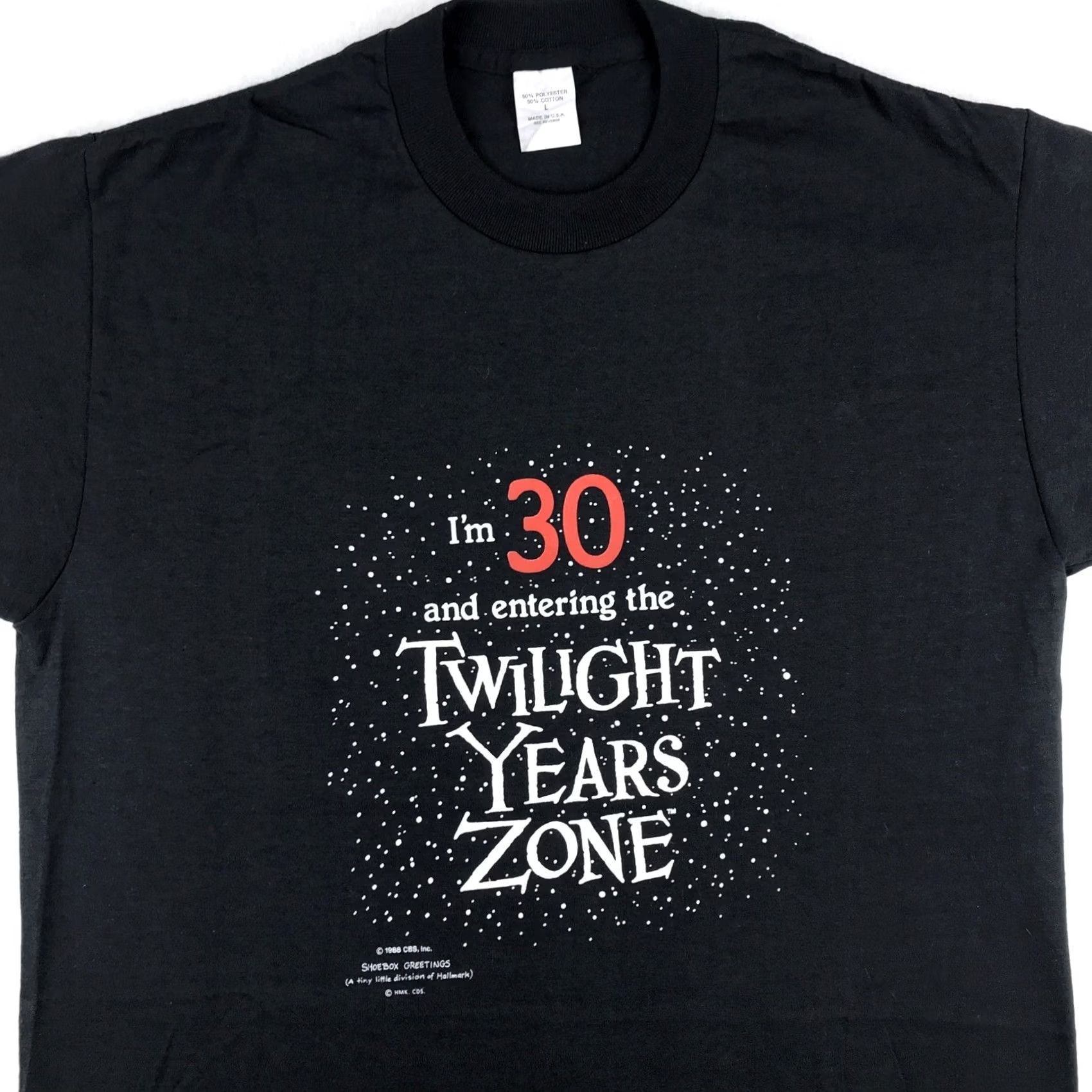 Vintage NOS vtg 80s I’M 30 & ENTERING TWILIGHT YEARS ZONE T-Shirt M joke single stitch Mens Black 80s 90s Birthday Funny Hallmark Vintage NOS Deadstock Tee Size US M / EU 48-50 / 2 - 2 Thumbnail