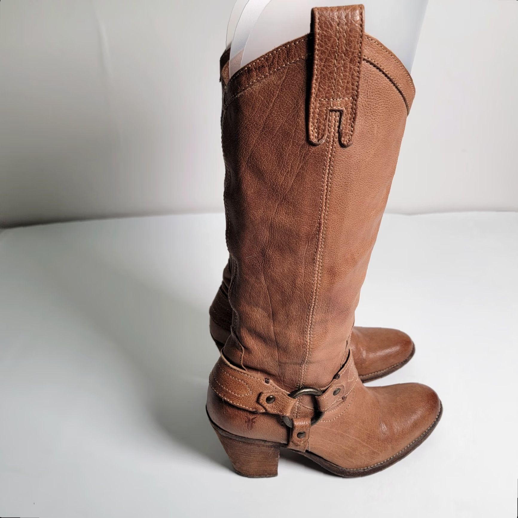 Frye VINTAGE Frye Taylor Harness Boots Brown Leather Western Ladies 6 Almond Toe Slip On Cowboy Mid Heel Leather Outsole Womens Size US 6 / IT 36 - 4 Thumbnail