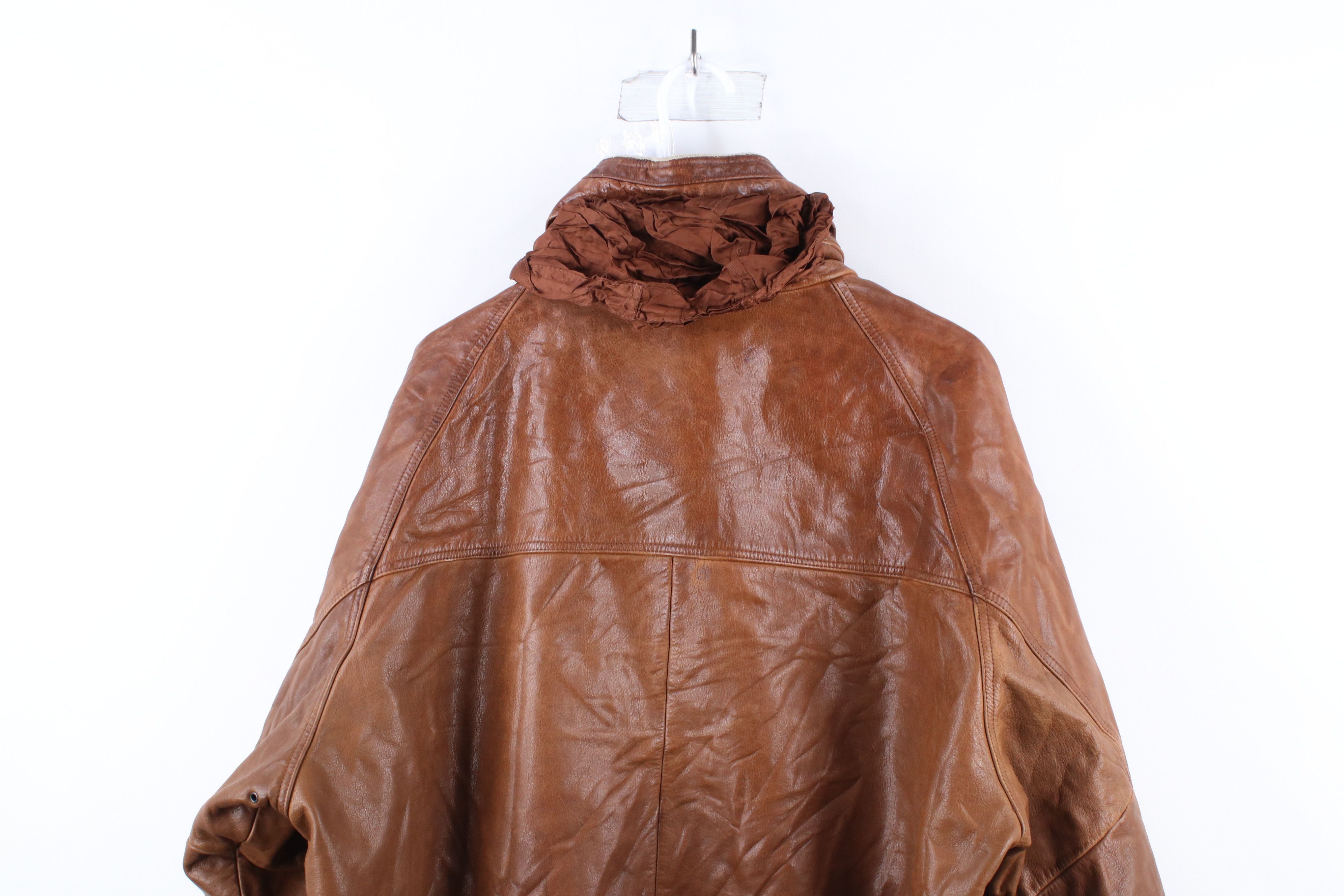 Vintage Vintage 90s Streetwear Hooded Leather Bomber Jacket Brown Size US XL / EU 56 / 4 - 17 Thumbnail
