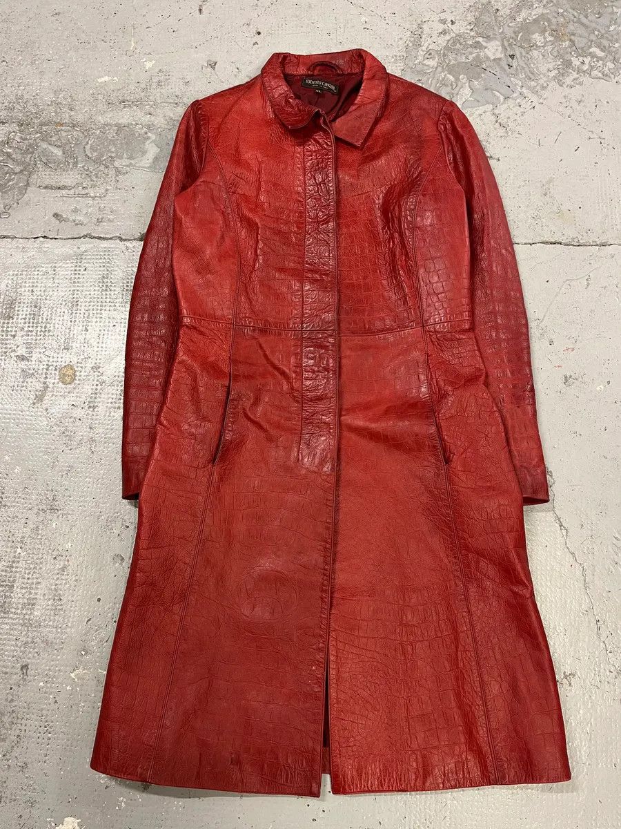 Roberto Cavalli FW2000 Roberto Cavalli Red Crocodile Embossed Leather Trench Coat Size L / US 10 / IT 46 - 1 Thumbnail