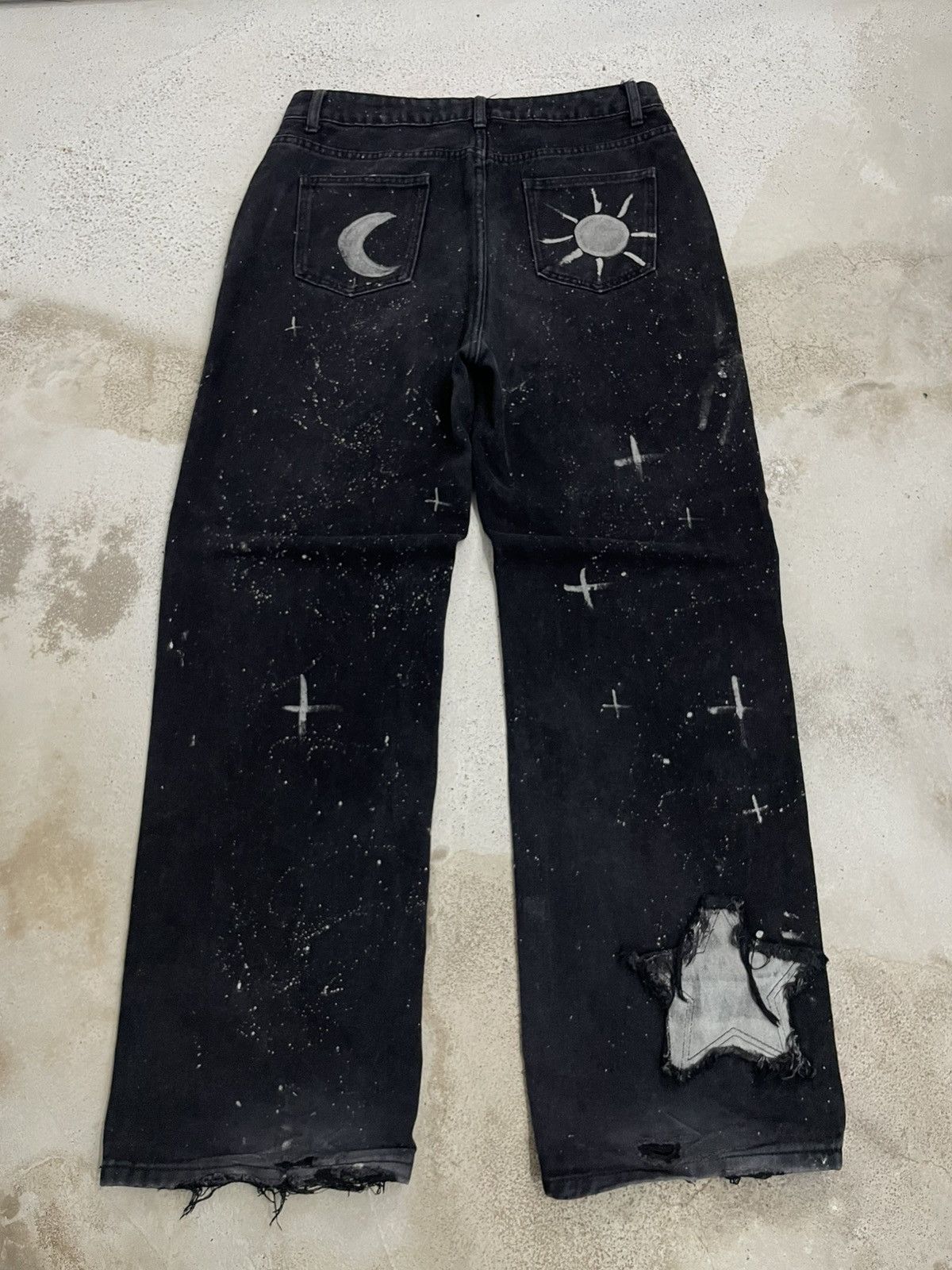 Japanese Brand Wide Distressed Denim Y2K Star Moon Painting Custom Paint Size US 31 - 13 Thumbnail