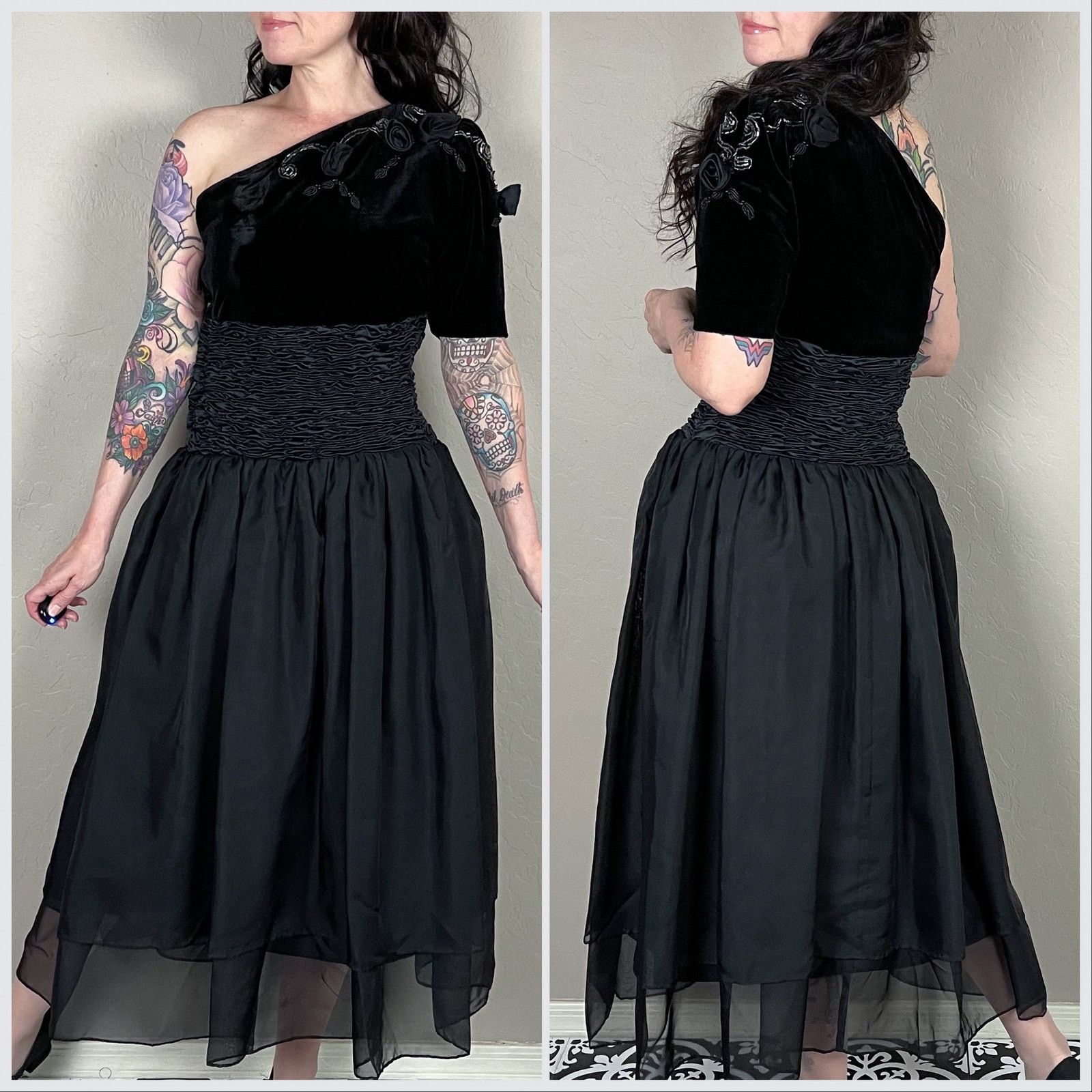 Vintage Vintage 1960s Black Velvet One Shoulder Beaded Midi Dress Size S / US 4 / IT 40 - 3 Thumbnail