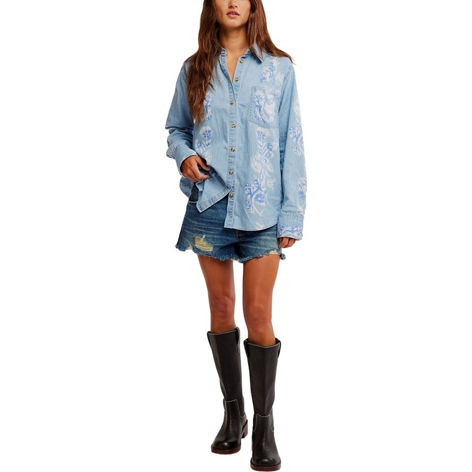 Free People Free People Free Airbrushed Blossom Denim Top - Women's Size XS / US 0-2 / IT 36-38 - 2 Thumbnail
