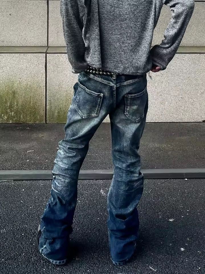 Jean Distressed Denim Flared Jeans with Button Detail | Unique Size US 34 / EU 50 - 4 Thumbnail