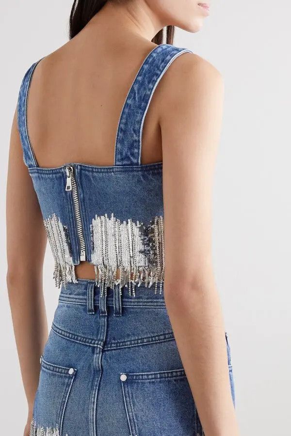 Balmain o1y0625 Denim Crop Top in Blue/White Size M / US 6-8 / IT 42-44 - 4 Thumbnail