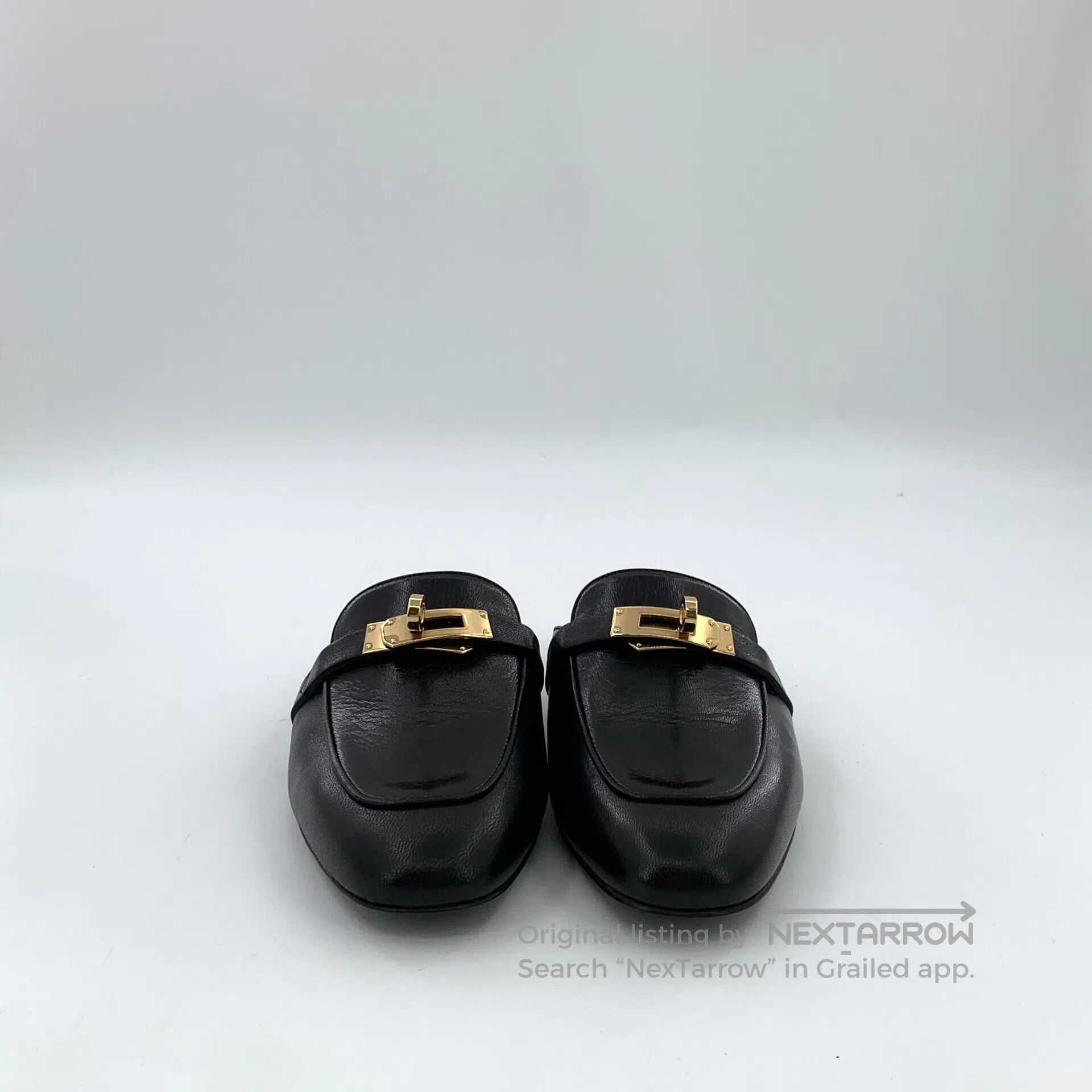 Hermes Hermes Black Leather Round Toe Casual Flat Mule Slippers| Size US 5.5 / IT 35.5 - 3 Thumbnail