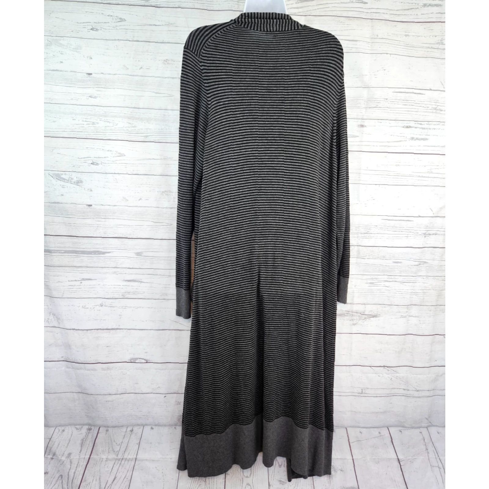 Eileen Fisher Eileen Fisher Womens Duster Cardigan Sz Large Black Gray Striped Viscose Blend Knit Long Sleeve Size L / US 10 / IT 46 - 3 Thumbnail