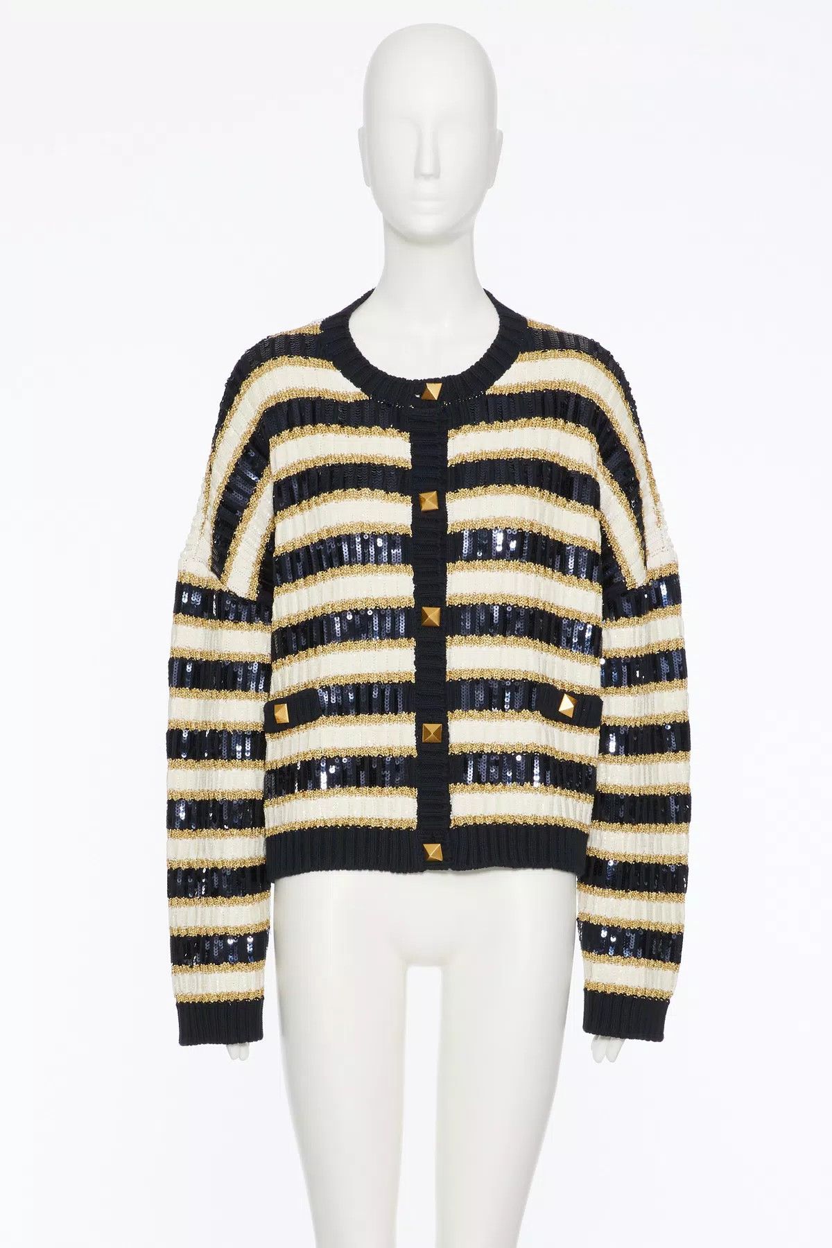 Valentino o1s1wg110925 Embroidered Knit Jacket in Nevy Blue/Avorio Size L / US 10 / IT 46 - 2 Thumbnail