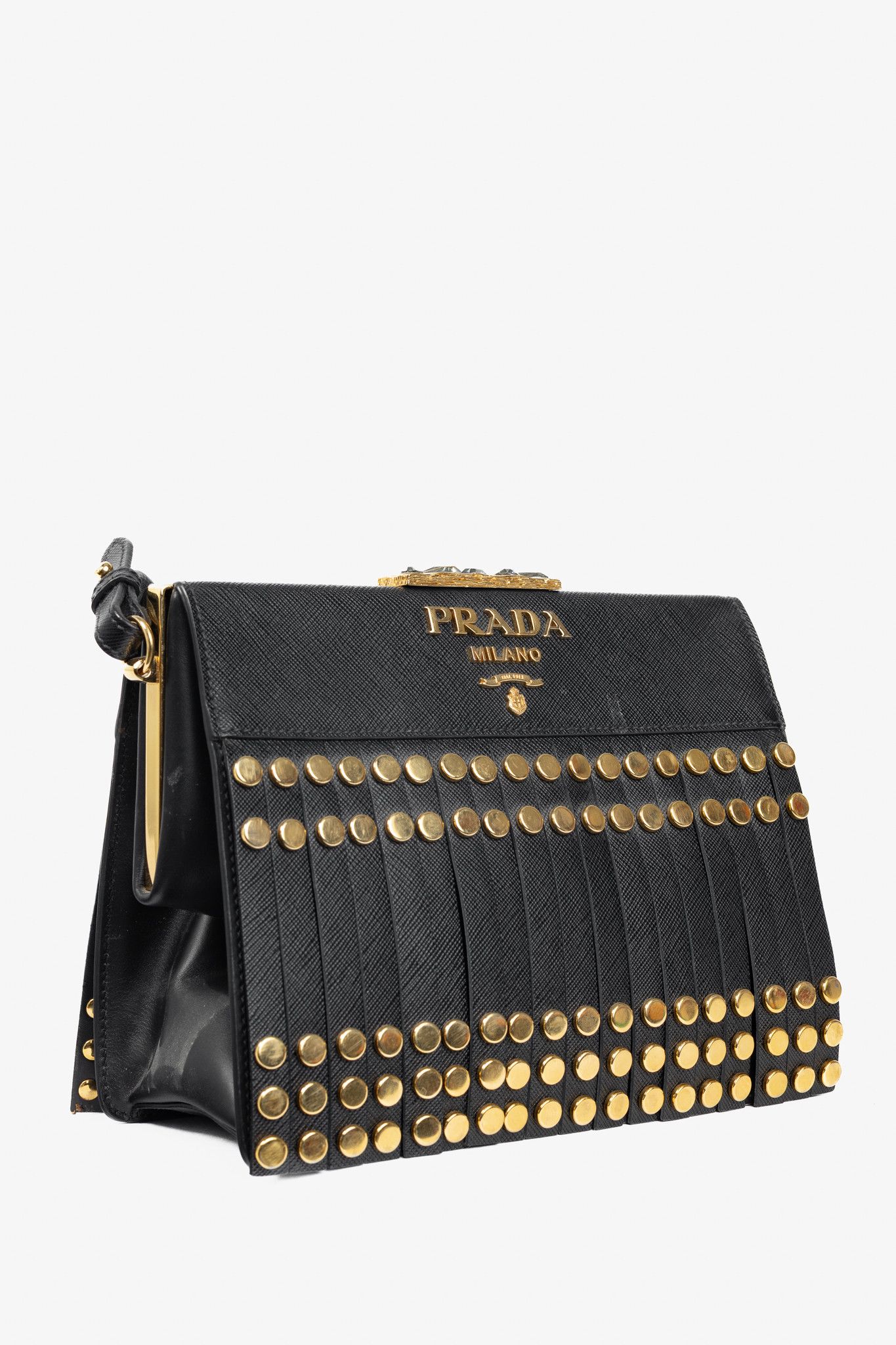 Prada Prada Saffiano Leather Studded Fringe Frame Shoulder Bag Size ONE SIZE - 2 Thumbnail