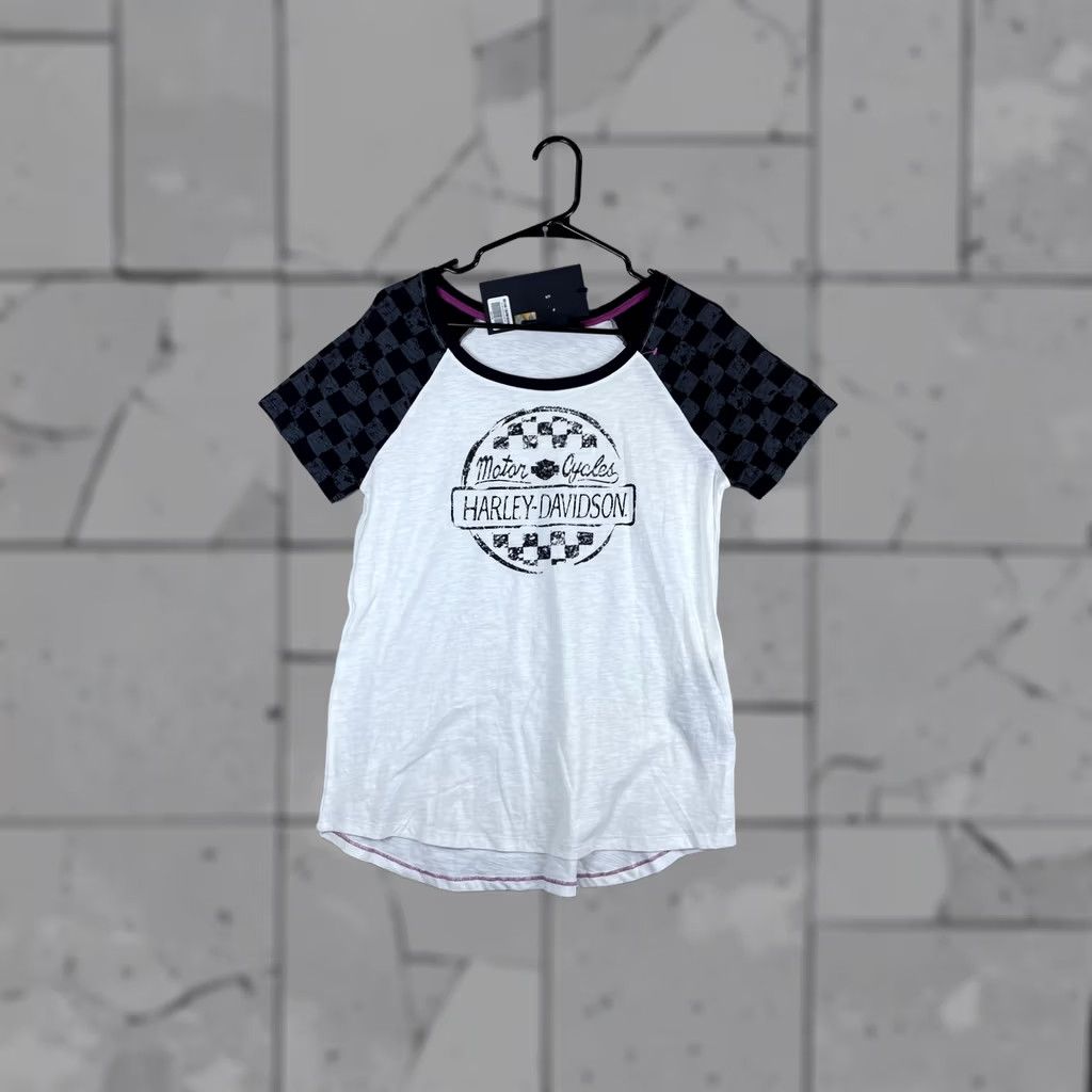 Harley Davidson VINTAGE Harley-Davidson Shirt Womens Medium White Raglan Checkered Graphic Tee Racing Size M / US 6-8 / IT 42-44 - 1 Thumbnail