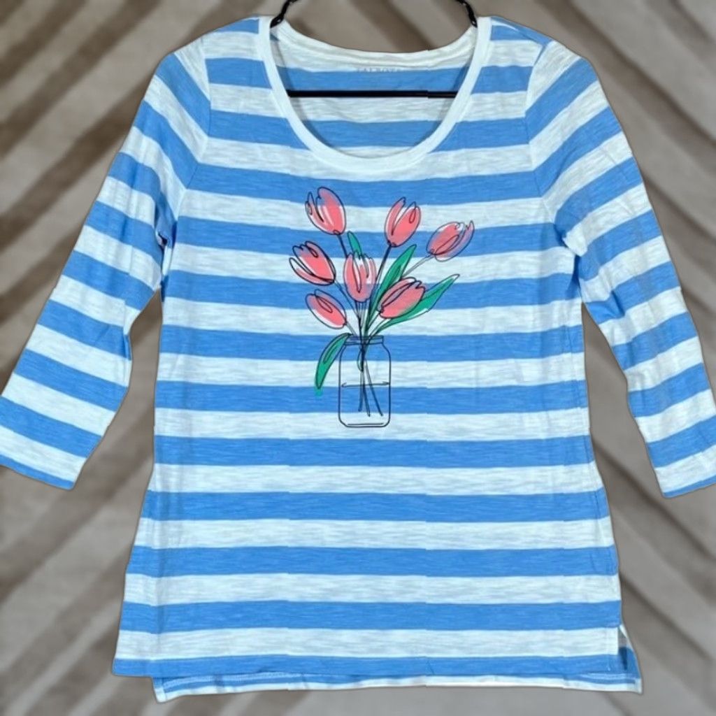 Talbots Talbots Blouse Shirt Striped Blue White 3/4 Sleeve Cotton Blend PS Petite Womens Casual Workwear Size S / US 4 / IT 40 - 1 Thumbnail