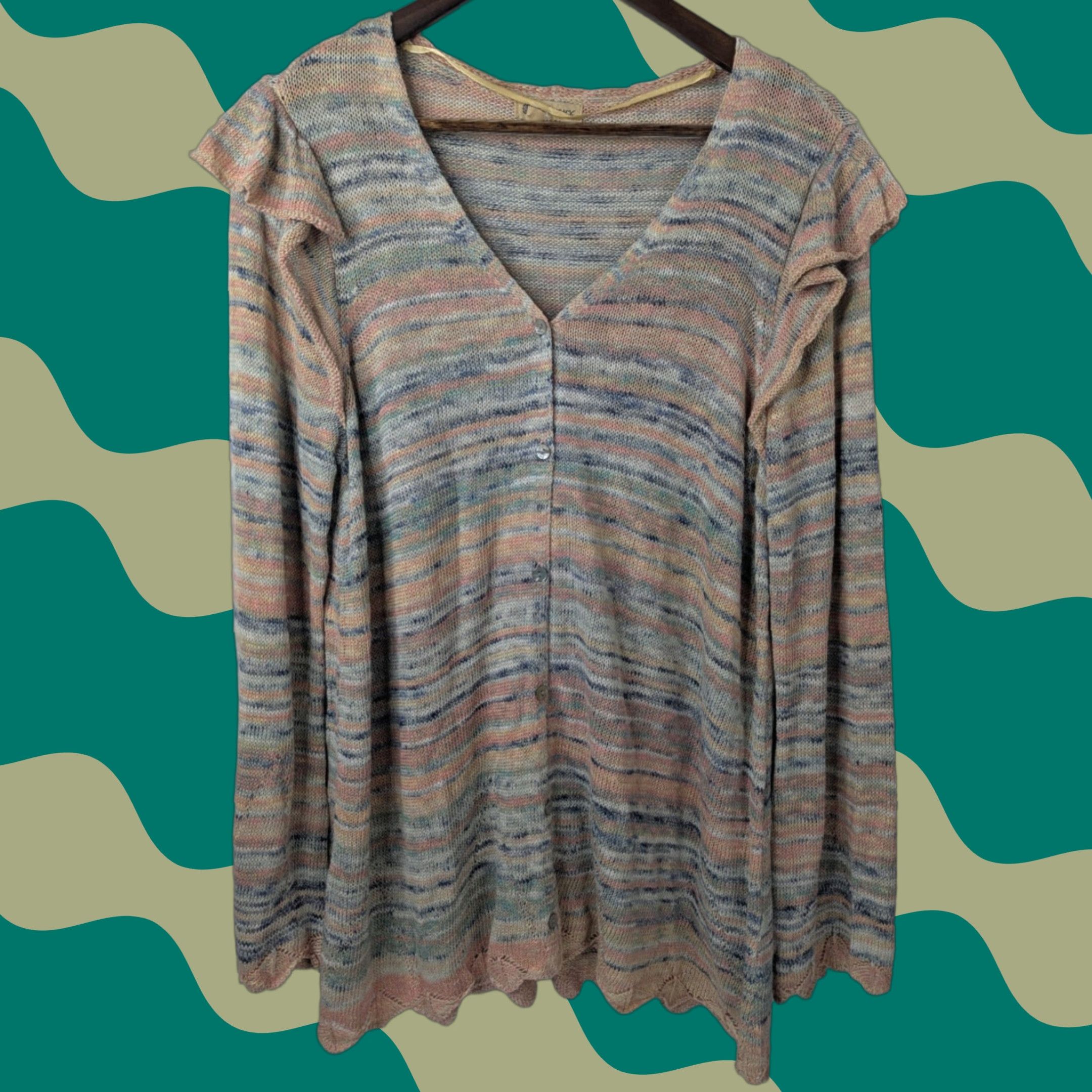 Vintage VINTAGE Democracy V-Neck Cardigan Sweater Heathered Stripe Print Ruffle Shoulders Sz XL Size XL / US 12-14 / IT 48-50 - 1 Thumbnail