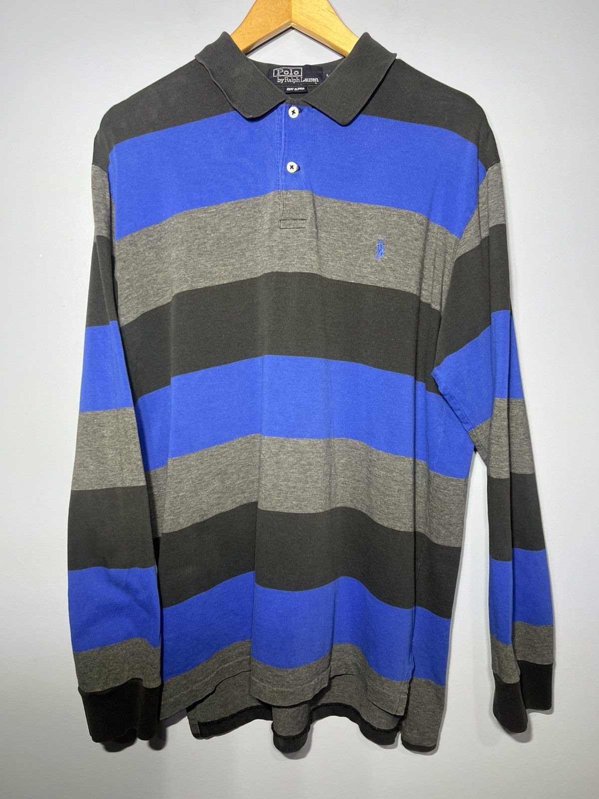 Polo Ralph Lauren VTG Polo Ralph Lauren Rugby Sz L Blue Gray Black Stripe Size US L / EU 52-54 / 3 - 2 Thumbnail