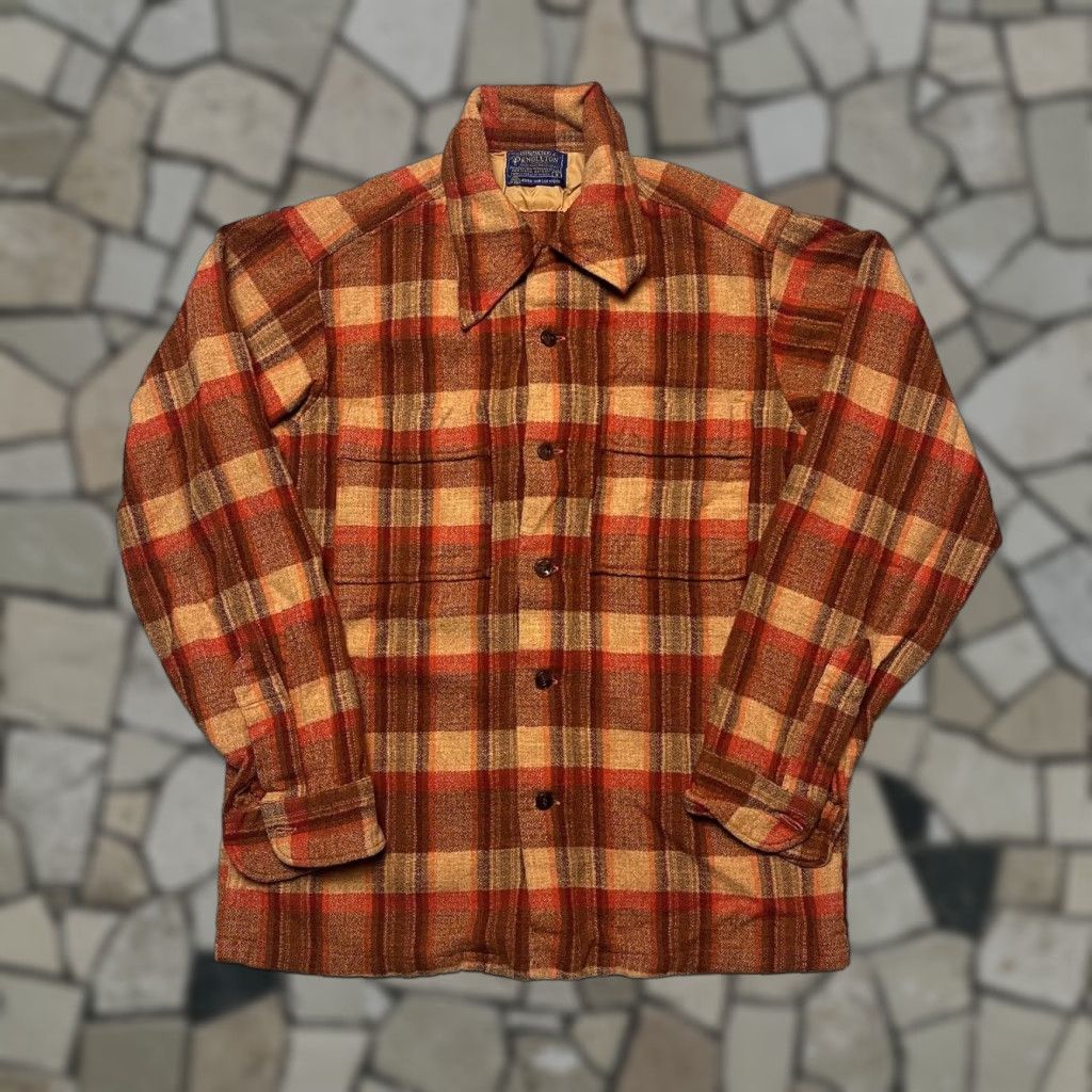Pendleton VINTAGE Pendleton Shirt Shadow Plaid Wool Loop Collar 60s Orange S Mens Button-Up Size US S / EU 44-46 / 1 - 1 Thumbnail