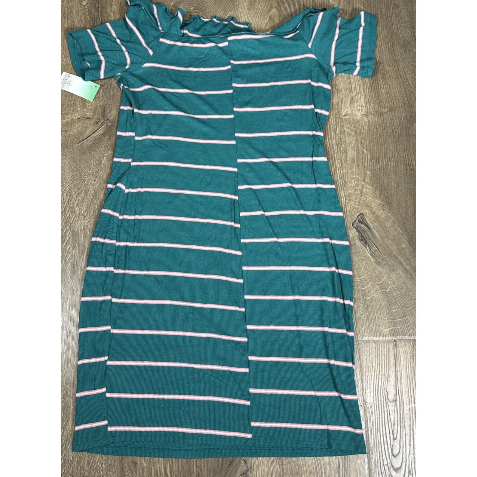 Decree Decree Women's Knit Dress Stripe Boat Neck Ruffle Casual XL Green Pink NWT Size XL / US 12-14 / IT 48-50 - 3 Thumbnail