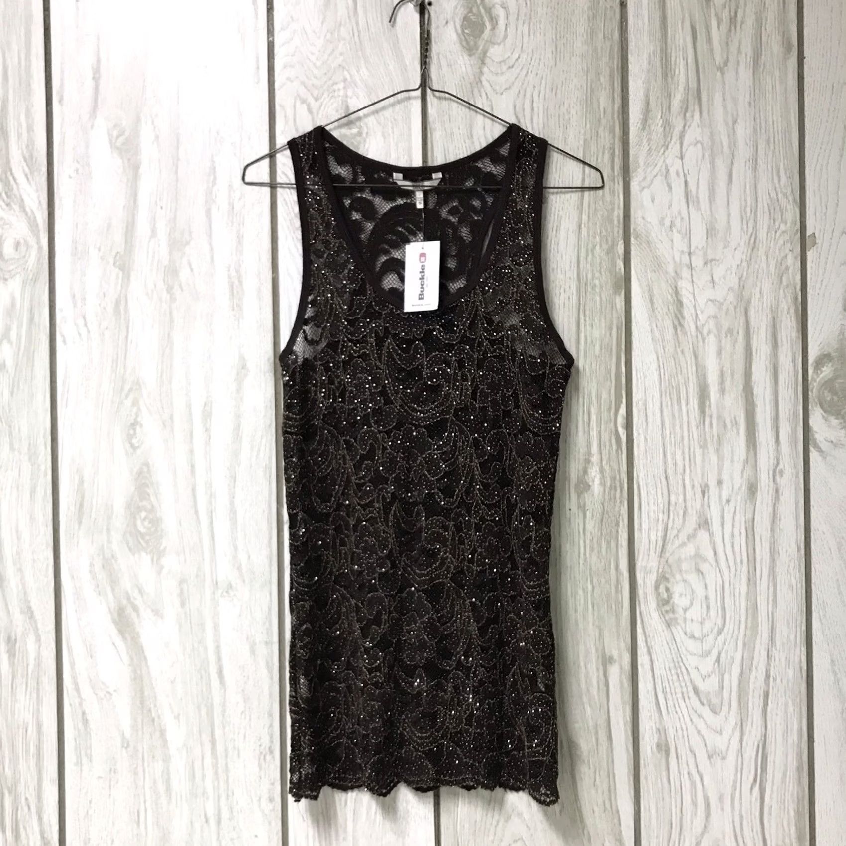 Vintage Buckle Tank Top Women Brown Floral Lace Fitted Sparkly Glitter Layering Sleeveless S Brown Lion Size S / US 4 / IT 40 - 3 Thumbnail