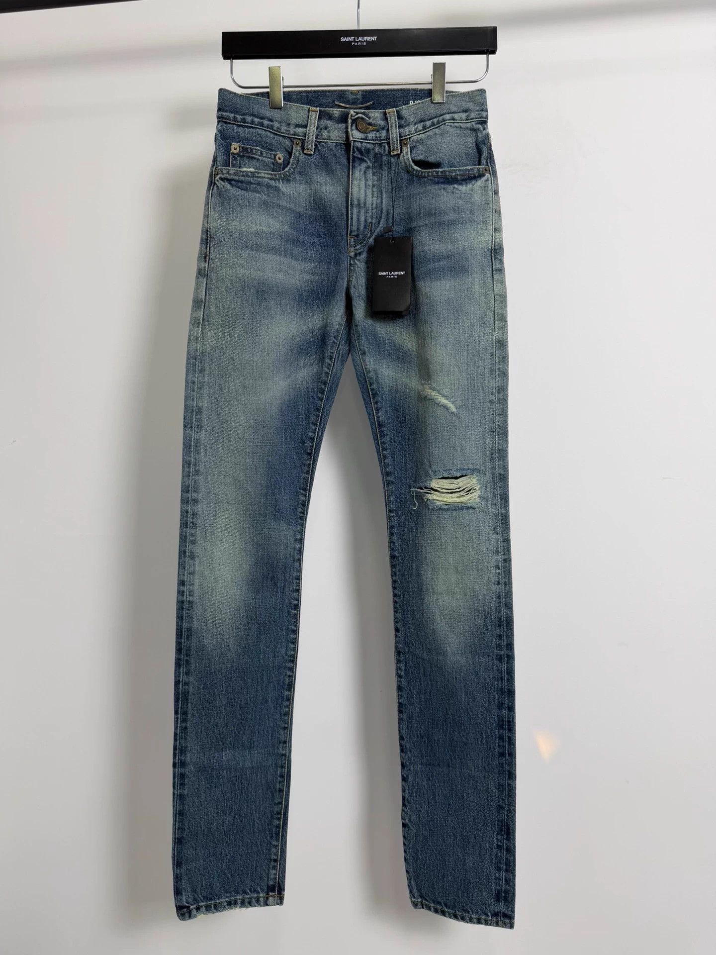 Saint Laurent Paris SLP 16FW Destroyed Knee Cutout Ombre Men’s Blue Jeans 27 Size US 27 - 1 Thumbnail